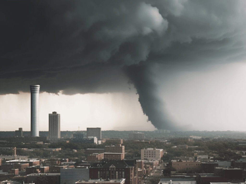 A tornado in the background; a city that appears to be vacated in the foreground
